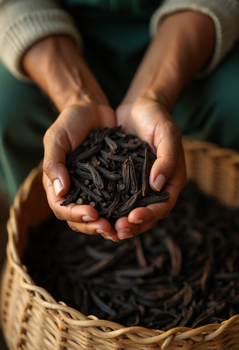Hand-sorting vanilla beans at origin