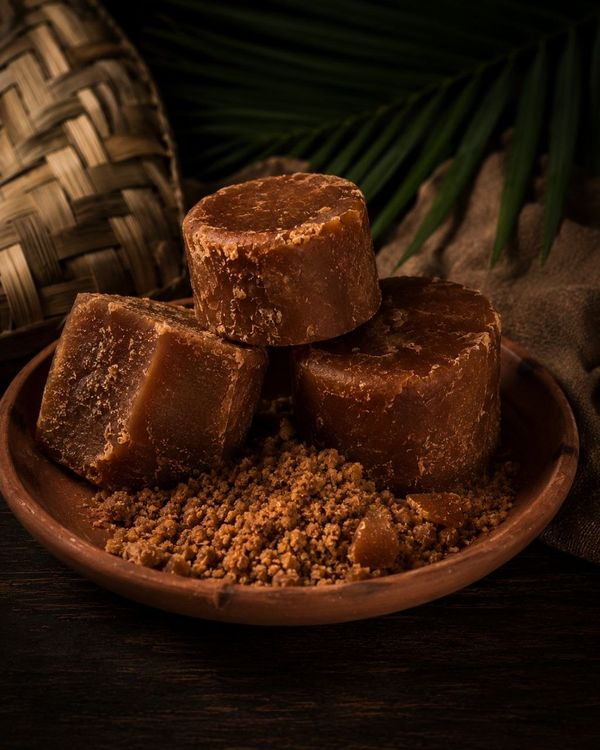 Traditional Indonesian palm sugar blocks and granules.
