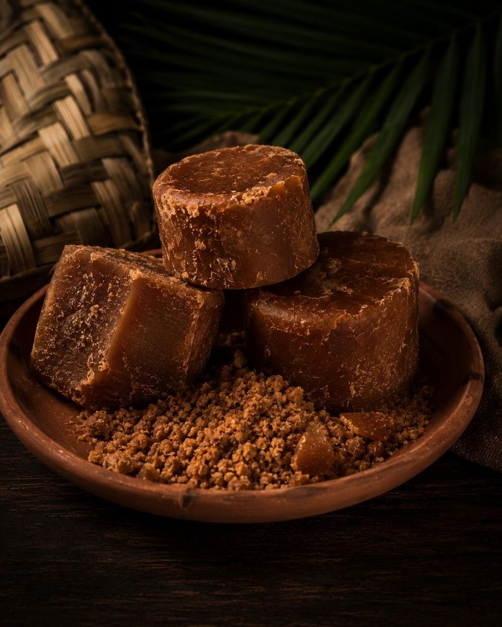 Traditional Indonesian palm sugar blocks and granules.
