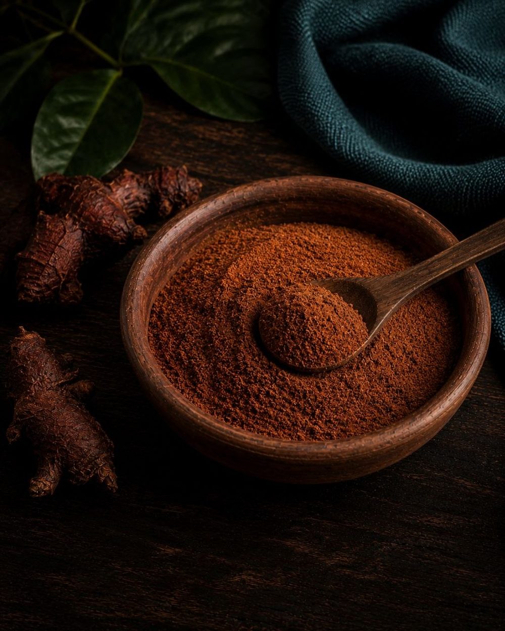Finely milled Indonesian red ginger powder in a terracotta bowl.