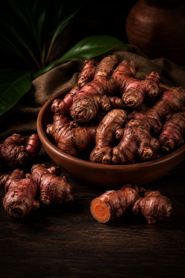 Whole dried Indonesian red ginger rhizomes.